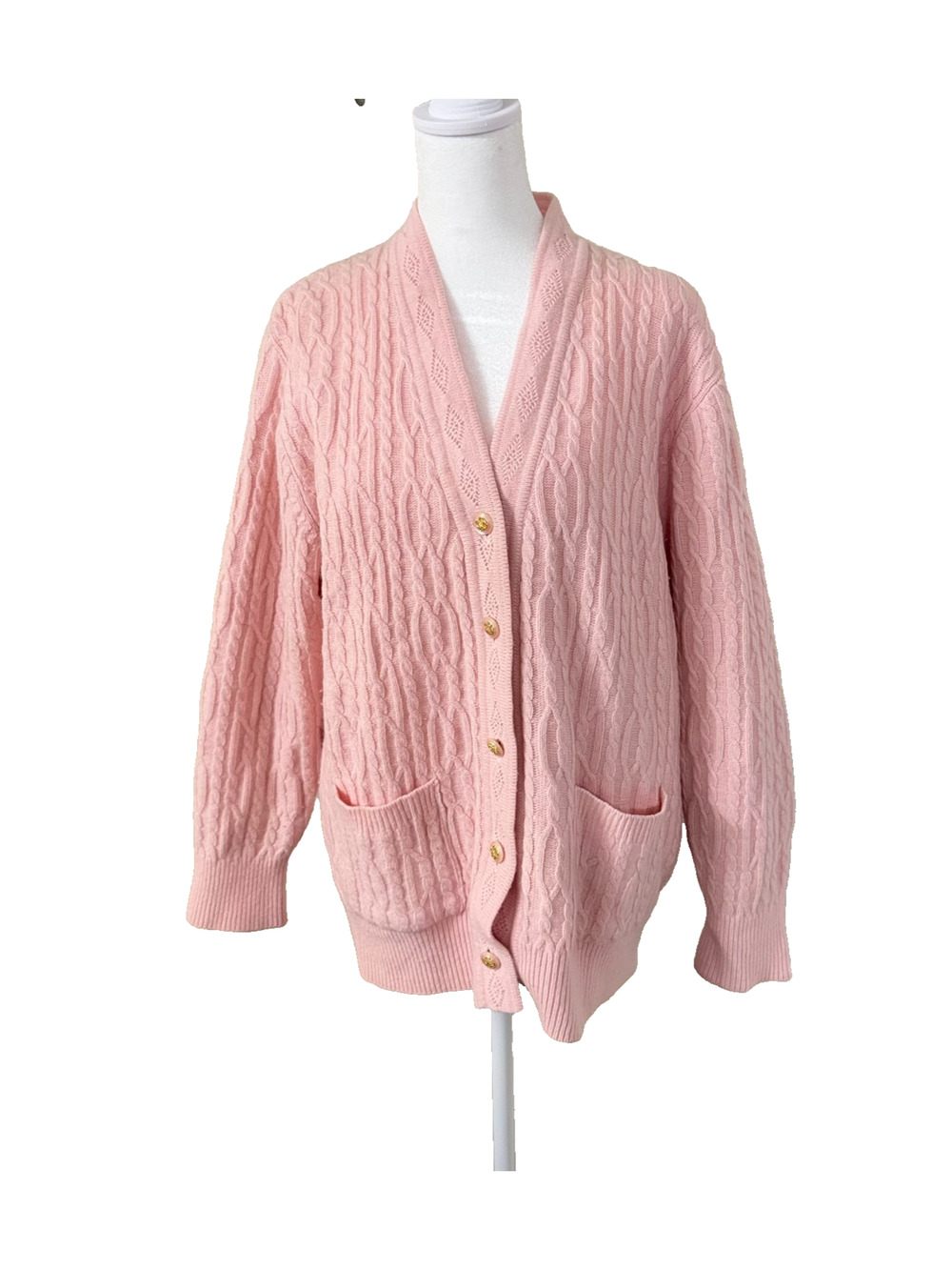 Vintage Angora Blend Pink Cable Knit Cardigan w/Gold Buttons Size M/L Coquette